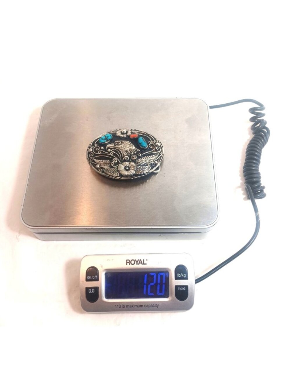 Vintage Navajo Turquoise & Coral Handcrafted Eagle Belt Buckle SSI 88 USA 120g - Picture 5 of 10